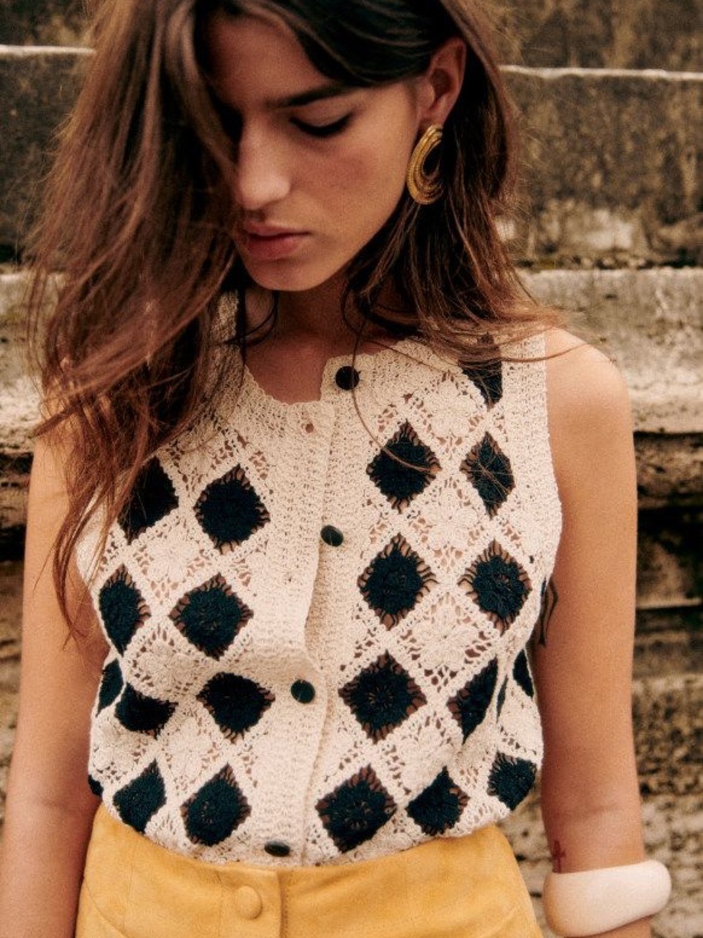 Sezane Ron Crochet Diamond Pattern Sleeveless Button Front Top Cream and Black